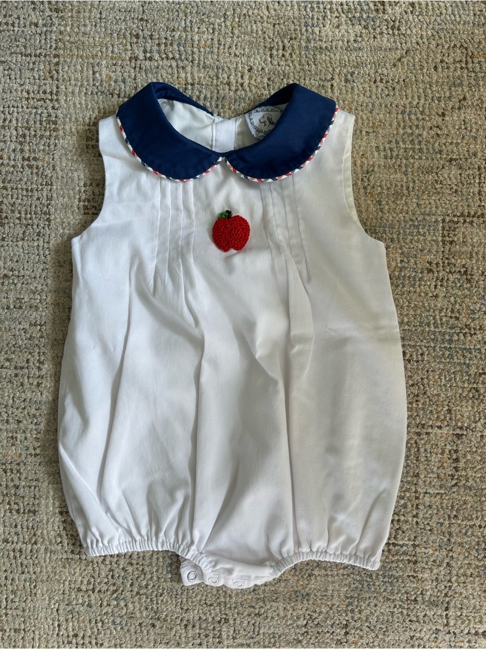 Classic White Baby One-Piece with Navy Collar and Red Apple